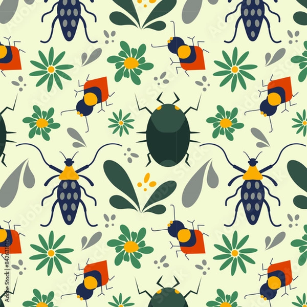 Obraz Vibrant seamless pattern with cute bugs beetles with floral nature