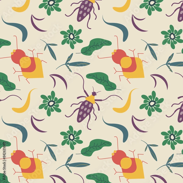 Obraz Hand drawn seamless pattern with insects and flowers botanical background