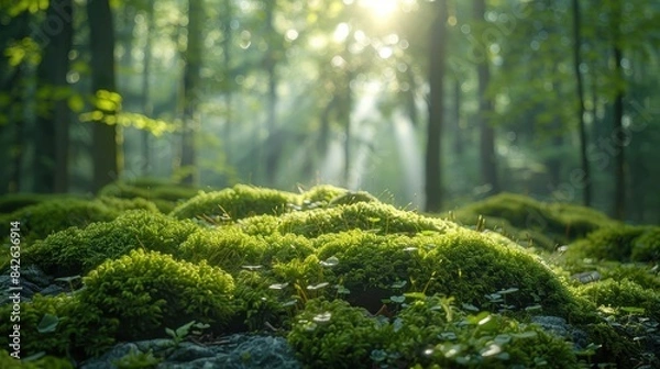 Fototapeta Sunlight filtering through lush forest trees onto vibrant green moss, creating a serene and tranquil natural landscape.