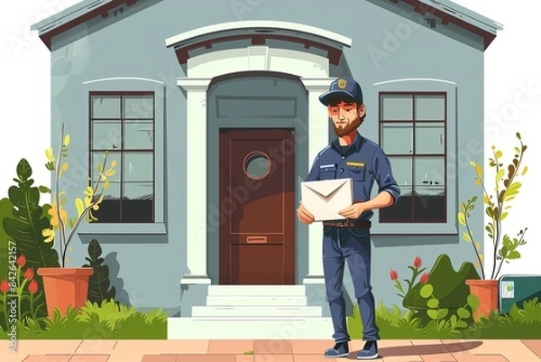Obraz Cartoon illustration of a postal worker delivering an envelope in front of a residential house
