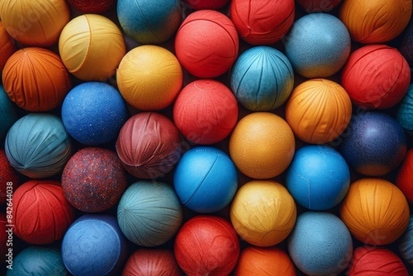 Fototapeta A close-up image of a colorful collection of various textured sports balls tightly packed