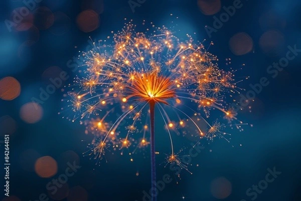 Fototapeta A single intense firework explosion captured against a deep blue night sky with glowing particles