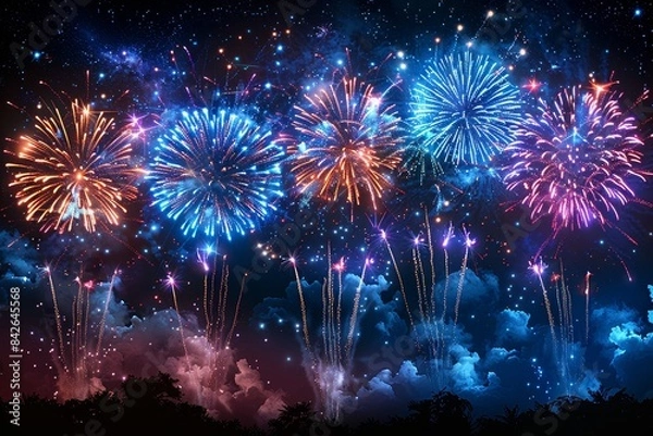 Fototapeta This image shows a breathtaking fireworks show against a backdrop of a starry night sky and distant clouds