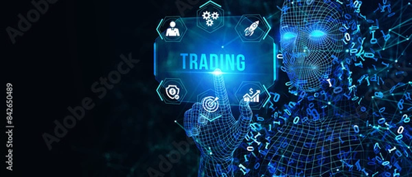 Fototapeta Trading word on digital screen, global communication concept. 3d illustration