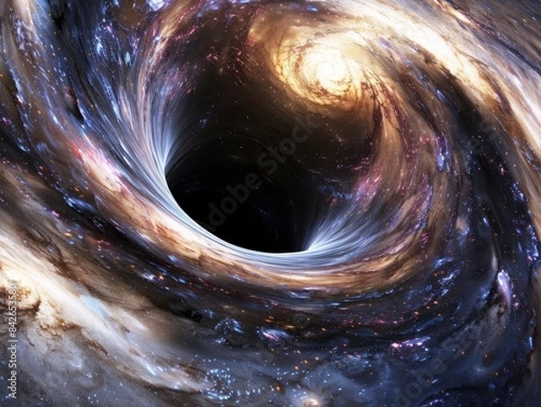 Fototapeta Black hole with swirling effect, centered and fully visible, isolated on white background, dicut PNG style