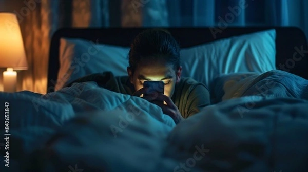 Fototapeta Explore the modern habit of late-night digital engagement as an anonymous man uses his smartphone while lying in bed at home
