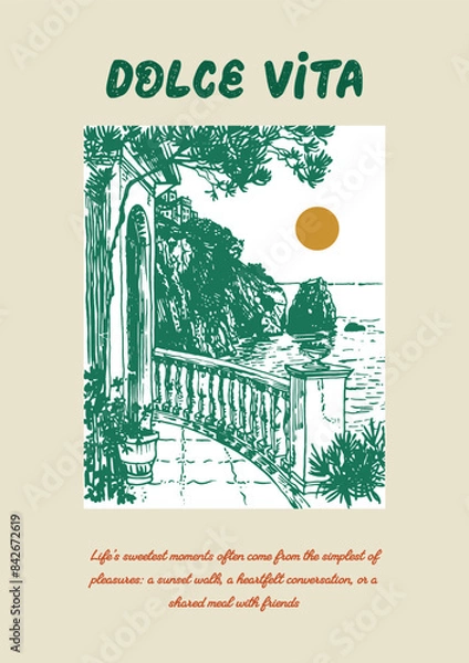 Obraz Italy, beautiful nature and sunset, view from the window. Vector poster on the theme of Dolce vita, sweet life hand-drawn drawings with interesting, inspiring phrases for the comfort of your home