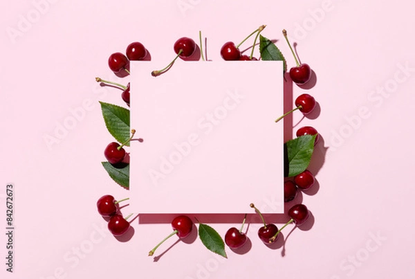 Fototapeta Square pink frame and ripe cherries on a pink background. Cherries or sweet cherries on a pink background. Top view. Space for text.