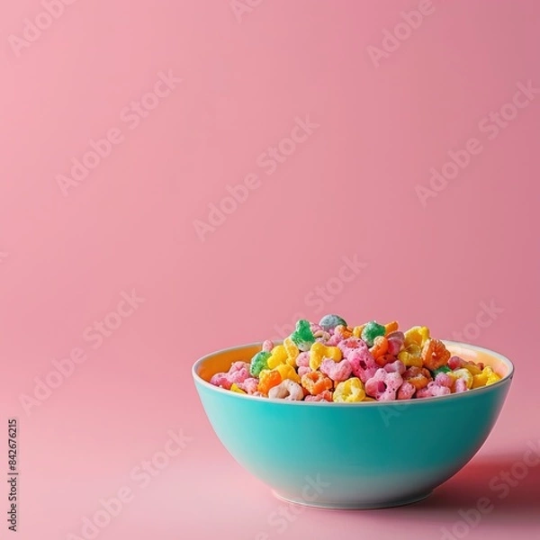 Fototapeta Colorful cereal in a teal bowl on a pink background