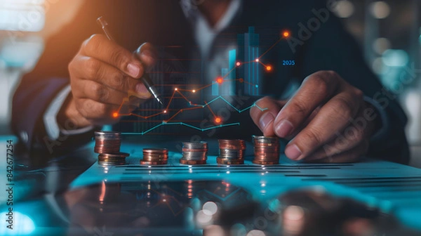 Fototapeta Businessman drawing a growing graph with coins and data charts for a financial plan or development of a business in the year 2025 