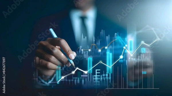 Fototapeta Businessman drawing upward arrows on a virtual screen with a financial graph and stock market growth 