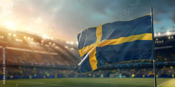 Obraz Flag of Sweden waving in the wind, with a blurred soccer stadium in the background