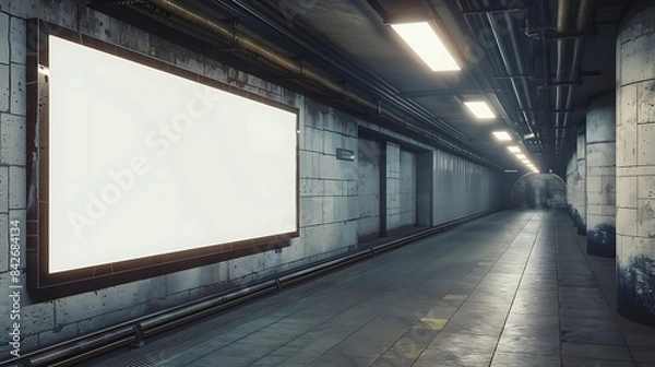 Obraz Large blank billboard in a dimly lit underground subway setting.
