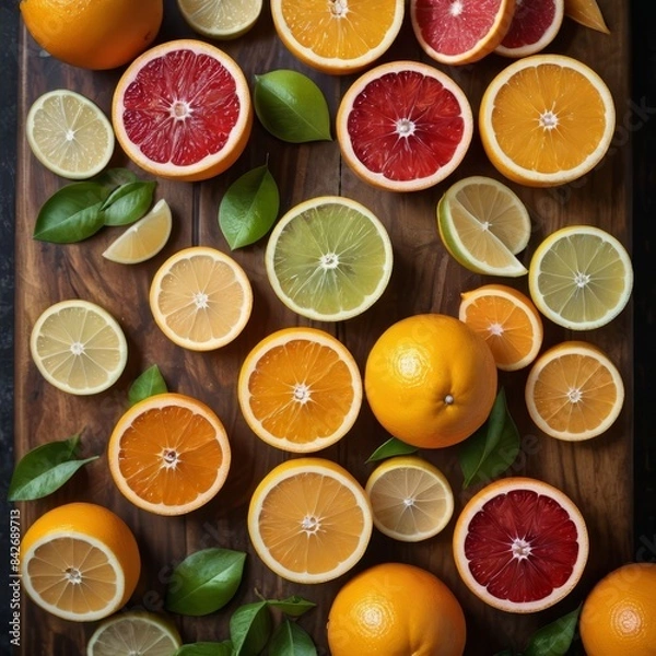 Fototapeta A close-up of fresh citrus fruits sliced in half, arranged on a wooden cutting board, with vibrant colors and textures.