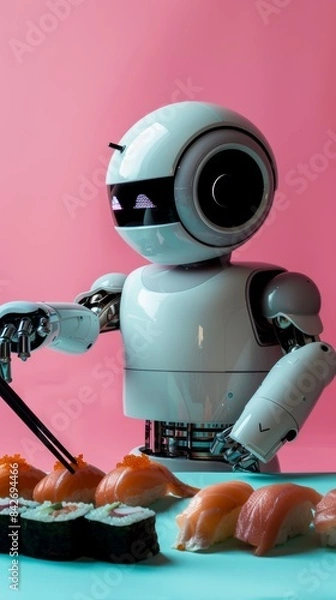 Fototapeta robot prepares red fish sushi, photo taken on iPhone 15 pro in maximum quality, photo taken by a professional photographer on a pink turquoise background 