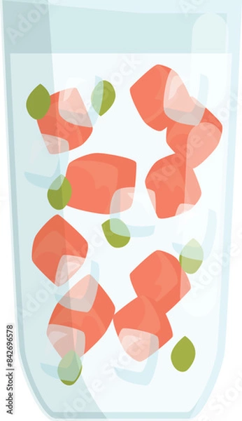 Fototapeta Glass of water with ice and pieces of salmon and herbs for healthy meal during break at office