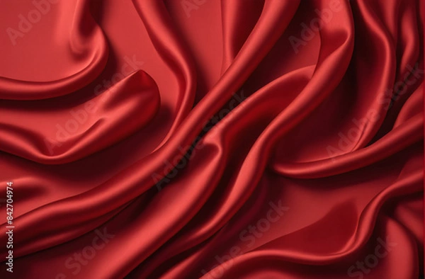 Fototapeta Background with empty red silk flowing fabric background, luxurious fabric textile decoration for poster, banner or cover design, for luxury product display with copy space