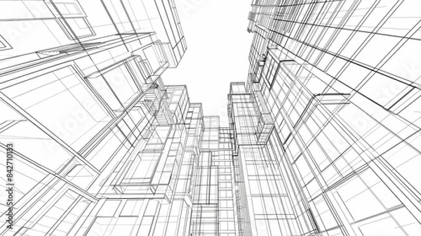 Fototapeta abstract modern urban landscape line drawin.3D illustration Imagination architecture building construction perspective design.