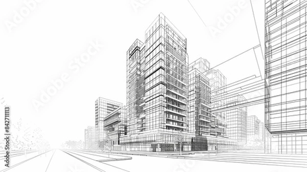 Fototapeta abstract modern urban landscape line drawin.3D illustration Imagination architecture building construction perspective design.