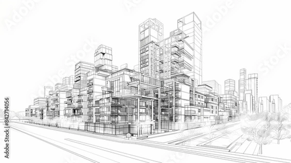 Fototapeta abstract modern urban landscape line drawin.3D illustration Imagination architecture building construction perspective design.