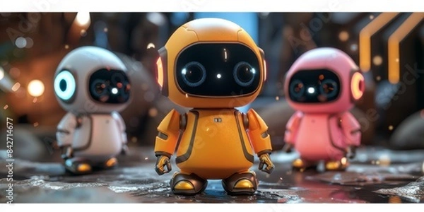 Fototapeta A few cute AI robots look at the camera together, round and smooth, 3D rendering, cute and approachable, with simple curves and basic shapes 