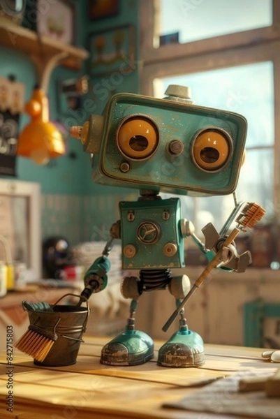 Fototapeta In the children's room, a beautiful new robot stands on the table in the foreground with a bucket and a broom in his hand