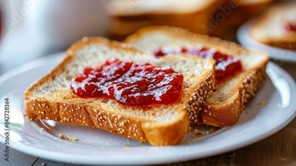 Fototapeta Two slices of toast with jam on a plate