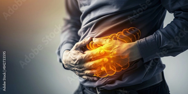 Fototapeta Hepatitis: The Jaundice and Abdominal Pain - Picture a person with highlighted liver showing inflammation