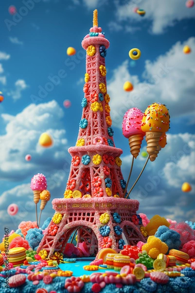 Fototapeta The Eiffel Tower is made of candy on blue background, art creative, 3D rendering