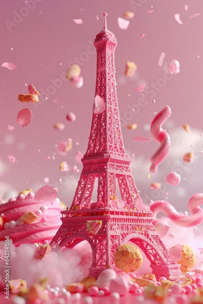 Fototapeta The Eiffel Tower is made of candy on pink background, art creative, 3D rendering