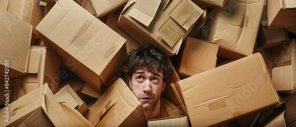 Obraz A man with a distressed expression is buried under a pile of cardboard boxes.