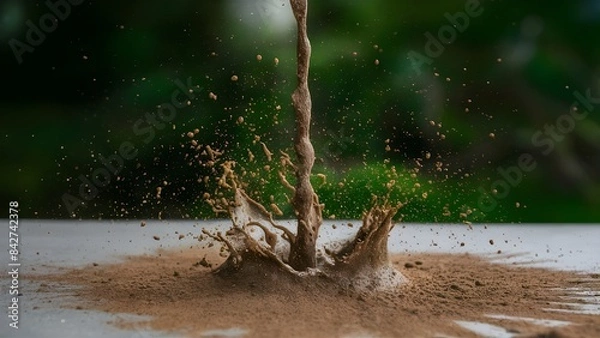Fototapeta Close up of isolated brown soil or mud falling from above onto the floor surface and splashing around, puddle of mud and water, pond. The background is blurred nature.