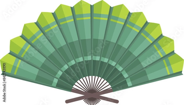 Fototapeta Green and yellow hand fan folded and displaying its beautiful design, isolated on a white background