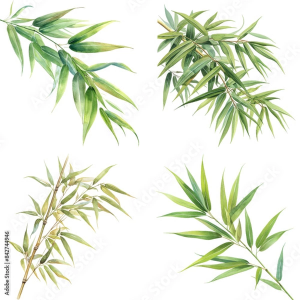 Fototapeta Four watercolor illustrations of bamboo branches with green leaves isolated on a white background