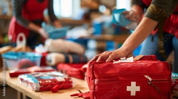 Fototapeta A red first aid kit is prepared for World First Aid Day, symbolizing readiness to help others