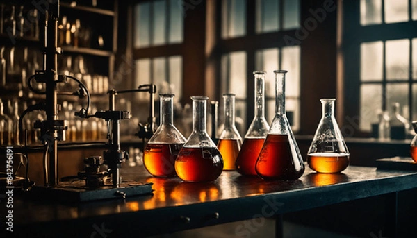 Obraz Chemical flasks with liquids