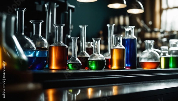 Fototapeta Experiments with liquids in a chemical laboratory