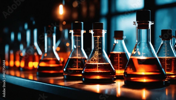 Fototapeta Flasks on the table with chemical liquid