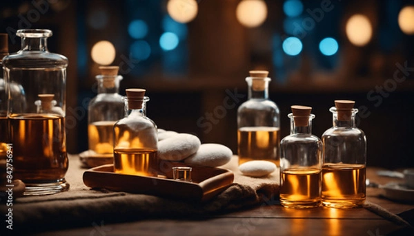 Obraz Jars with yellow liquid on the table