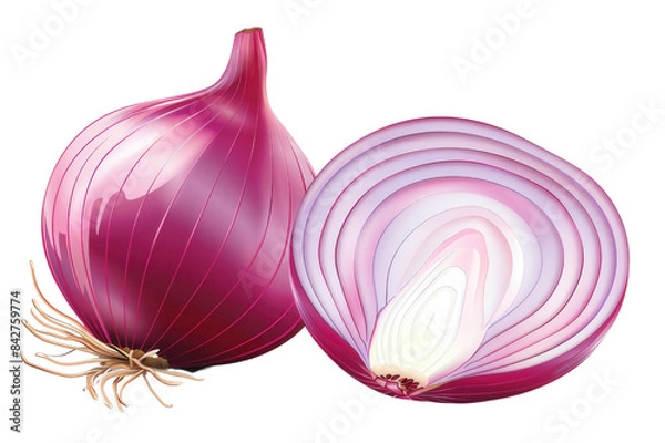 Fototapeta A fresh clipart illustration of a whole red onion with a cut section showing the layers, isolated on transparent background