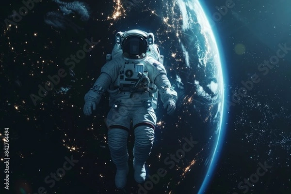 Obraz As the astronaut drifted in the weightlessness of space, he turned to see Earth, its continents and oceans bathed in the soft glow of the cosmos