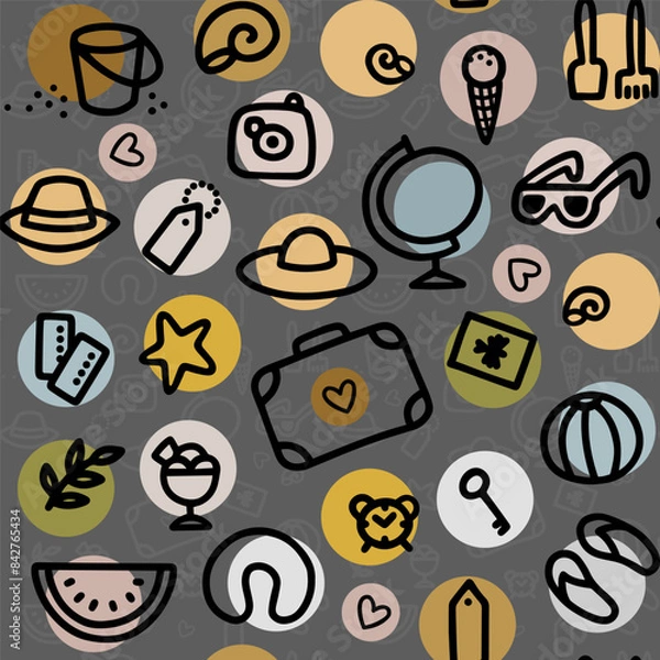 Fototapeta Messy black hand drawn travel vector seamless pattern with linear doodle elements on pastel colorful dots on dark gray background 