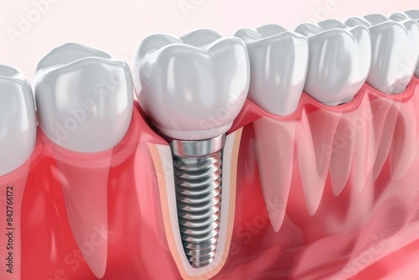 Fototapeta The concept of dental implants. A 3D rendering showing a dental implant placed between teeth