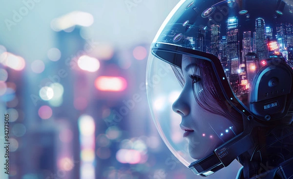 Fototapeta A person in a reflective helmet and orange suit in a futuristic cityscape.