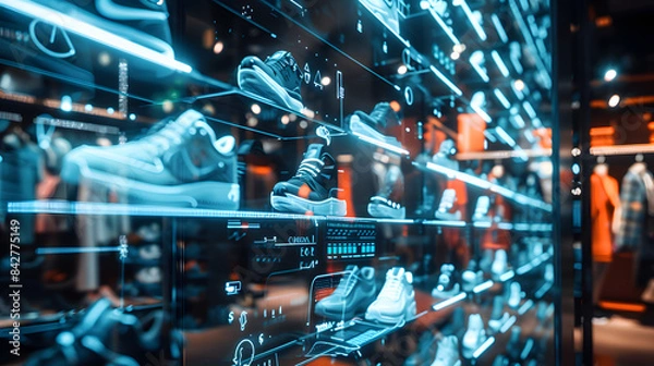 Fototapeta A modern futuristic depiction of shoes displayed using holographic technology within a store