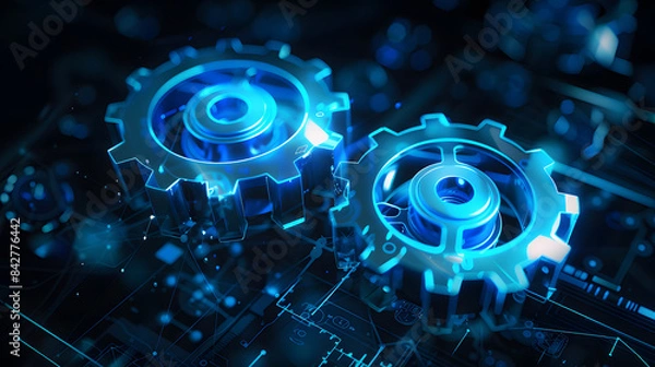 Fototapeta Abstract illustration of two illuminated gear cogs resembling digital technology and advanced machinery on an electronic circuit board