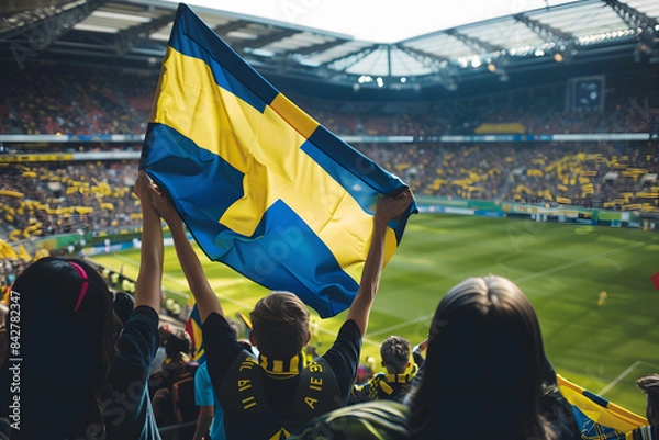 Obraz Fans waving the flag of Sweden at a football match, with the stadium crowd in the background