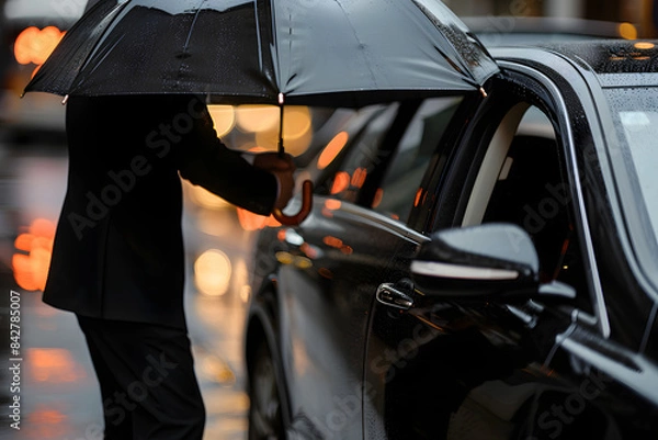 Obraz Chauffeur holding an umbrella and opening the car door for a passenger, representing premium and attentive taxi services 