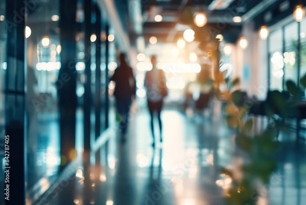 Fototapeta Blurred view of business professionals walking in a modern office corridor