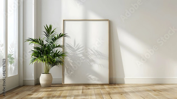 Obraz frame mockup poster on the wooden floor in the corner of the living room leaning on the white wall